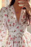 V Neck Puff Bubble Sleeves Floral Babydoll Dress