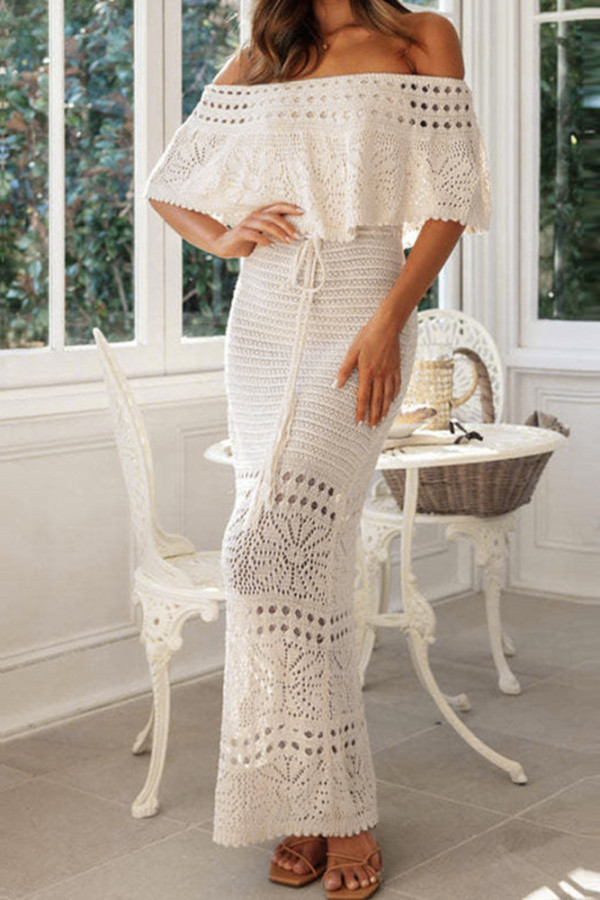 Off Shoulder Eyelet Knitting Maxi Dress