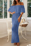 Off Shoulder Eyelet Knitting Maxi Dress