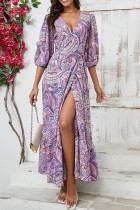 Purple V Neck Printed Split Maxi Dress