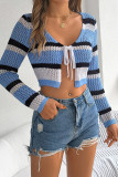 Hollow Out Knit Striped Front Tie Open Cardigan