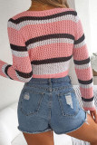 Hollow Out Knit Striped Front Tie Open Cardigan