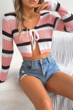 Hollow Out Knit Striped Front Tie Open Cardigan