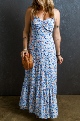 Sky Blue Floral Print Ruffled Ruched Maxi Dress