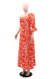 Red Floral Print One Shoulder High Split Maxi Dress