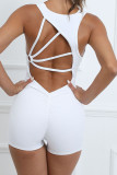 Plain Twisted V Neck Strappy Backless Fitting Romper