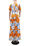 Orange Floral V Neck High Waist Ruffles Maxi Dress