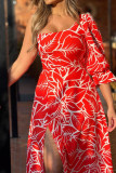 Red Floral Print One Shoulder High Split Maxi Dress