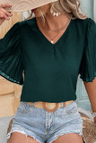 Plain V Neck Smocked Sleeves Top