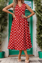 Red V Neck Sleeveless Printed Dress