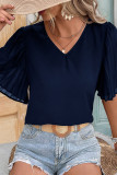 Plain V Neck Smocked Sleeves Top