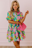 Green Floral Puff Sleeve Collar Buttoned Babydoll Dress