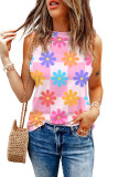 Pink Floral Print Round Neck Sleeveless Top