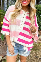 White Stripe Half Button Distressed Patchwork Loose Knit Top