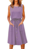Plain Drawstring Buttoned Sleeveless Dress
