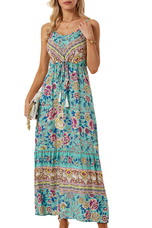 Bohemian Print Drawstring High Waist Slip Maxi Dress