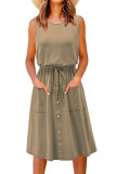 Plain Drawstring Buttoned Sleeveless Dress
