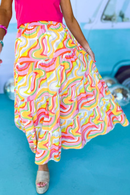 Pink Abstract Print Tiered Flowy Maxi Skirt