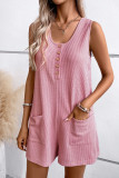 Pink Waffle Sleeveless Pockets Romper