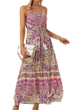 Bohemian Print Drawstring High Waist Slip Maxi Dress