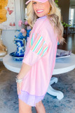 Pink Rainbow Stripe Half Sleeve Buttoned T Shirt Dress