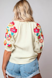 Beige Floral Embroidered Ricrac Puff Sleeve Textured Blouse