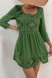 Green Square Neck Lace Flower MIni Dress