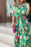 Green Floral Printed Tie Waist Dress