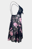 V Neck Black Lace With Mesh Floral Print Slip Dress