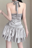 Shiny Grey Keyhole High Collar Sleeveless Ruffles Dress