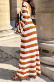 Orange Stripe Knit Backless Maxi Dress