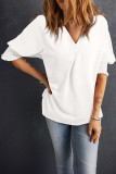 White Boxy Collared Smocked Sleeve Cuffs Blouse