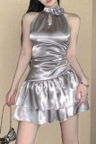 Shiny Grey Keyhole High Collar Sleeveless Ruffles Dress
