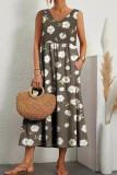 V Neck Printed Pockets Tank Maxi Dress