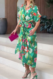 Green Floral Printed Tie Waist Dress