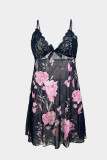 V Neck Black Lace With Mesh Floral Print Slip Dress