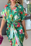 Green Floral Printed Tie Waist Dress