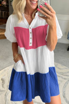 White Crinckle Colorblock Puff Sleeve Buttons Babydoll Dress