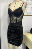 Black Lace Fishbone Mesh Dress