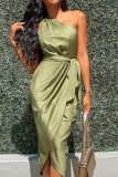 One Shoulder Tie Waist Split Satin Dress