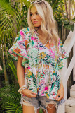 White Tropical Floral Print Ruffled Short Sleeve Blouse