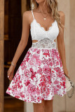 White Lace Splicing Pink Floral Dress