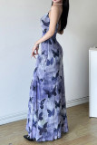 Butterfly Print Mesh V Neck Slip Maxi Dress