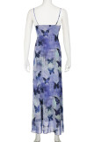 Butterfly Print Mesh V Neck Slip Maxi Dress