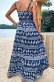 Blue Printed Square Neck Drawstring Slip Maxi Dress