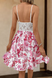 White Lace Splicing Pink Floral Dress