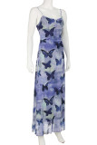 Butterfly Print Mesh V Neck Slip Maxi Dress