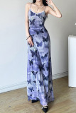 Butterfly Print Mesh V Neck Slip Maxi Dress