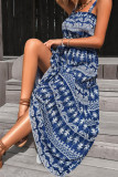 Blue Printed Square Neck Drawstring Slip Maxi Dress