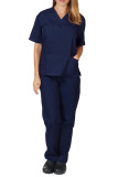Plain V Neck Lt Weight Pockets Tops and Pants 2pcs Set
